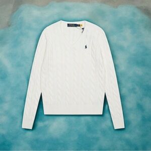 Ralph Lauren White V-Neck Cable Knit Sweater